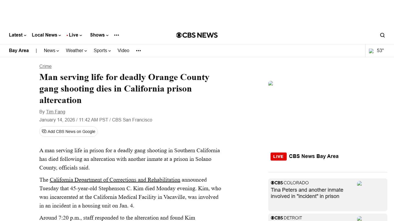 Man serving life for deadly Orange County gang shooting dies in California prison altercation - CBS San Francisco