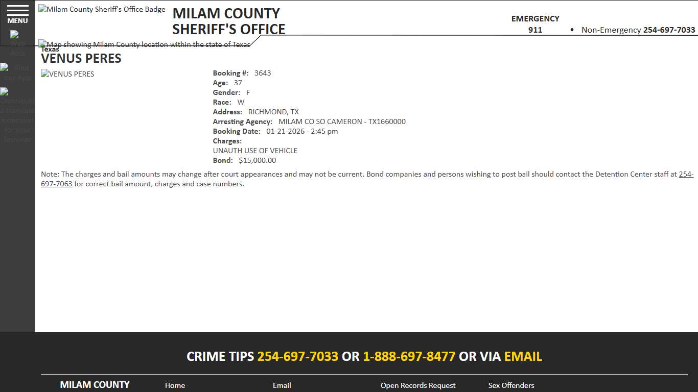 View Roster - VENUS PERES - Milam County Sheriff TX